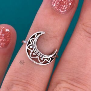Mandala Crescent Moon Sterling Silver Ring Sizes 4 - 12